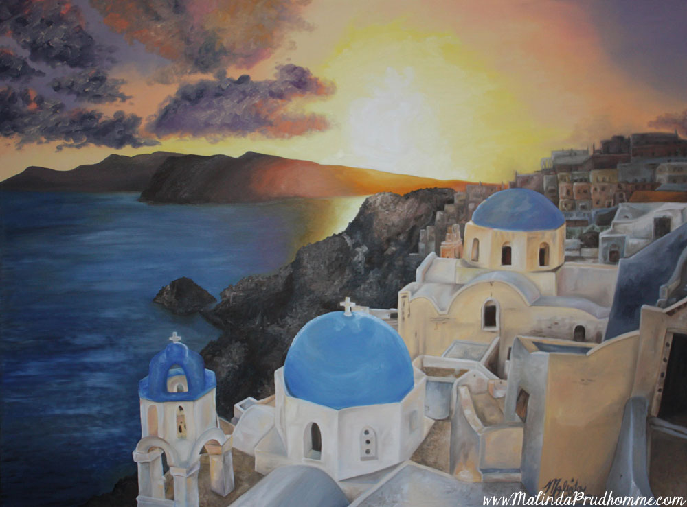 St irenes Atlantis, santorini, greek ilands, greece, travel, travel art, travel painting, santorini painting, oil paint, sunset, sunset painting