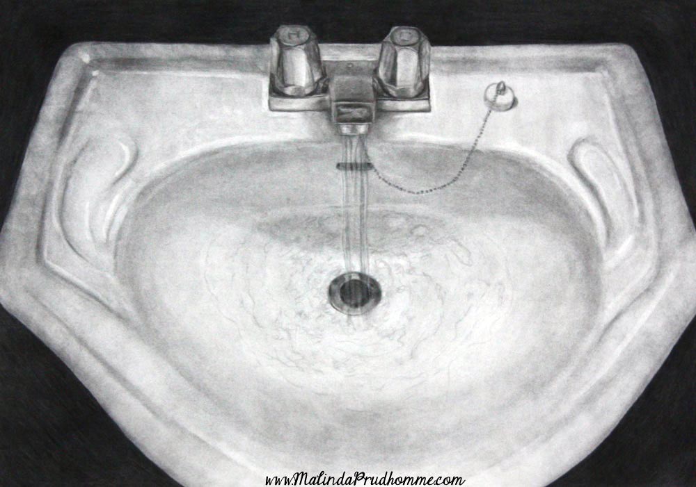 bathroom sink, porcelain, apartment sink, charcoal, drawing, original artwork