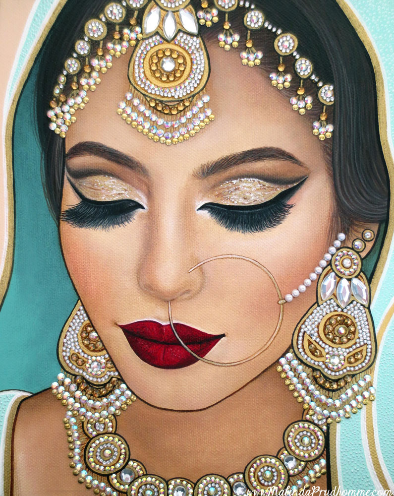 Indian Art, Indian Bride, Sikh Bride, Mint Green, Gems, Mixed Media Artist, International Portrait Artist