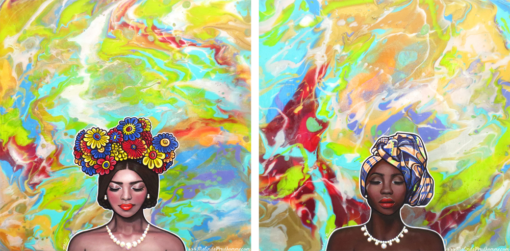 crazy, calm, beautiful, pouring medium, pouring painting, portrait, portrait art, flower crown, head wrap, black woman, gems, mixed media art