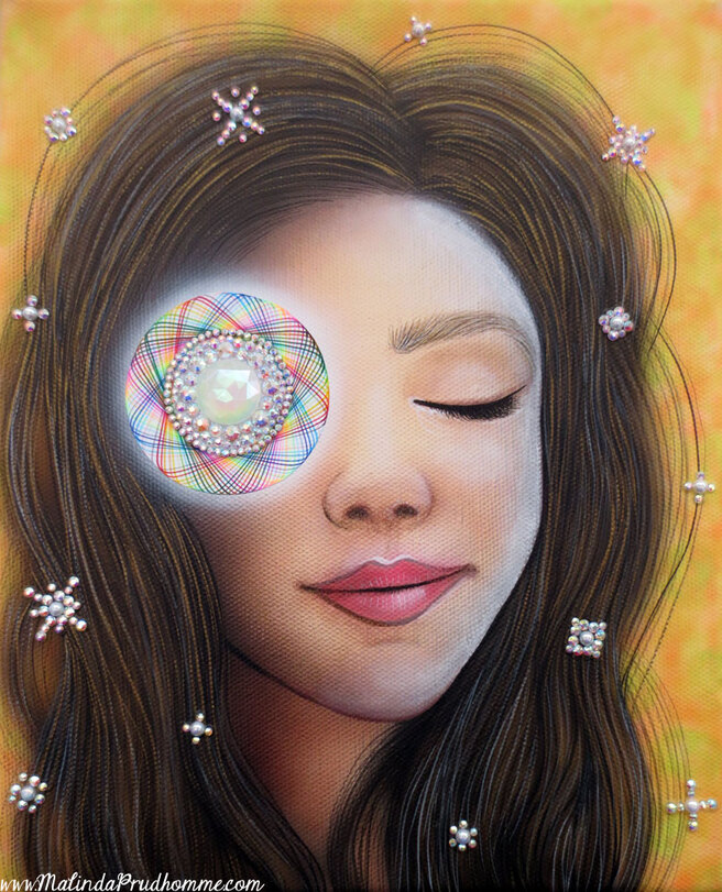Beauty art, spirograph, gems, eyes closed, airbrushed beauty, crystals, meditation art