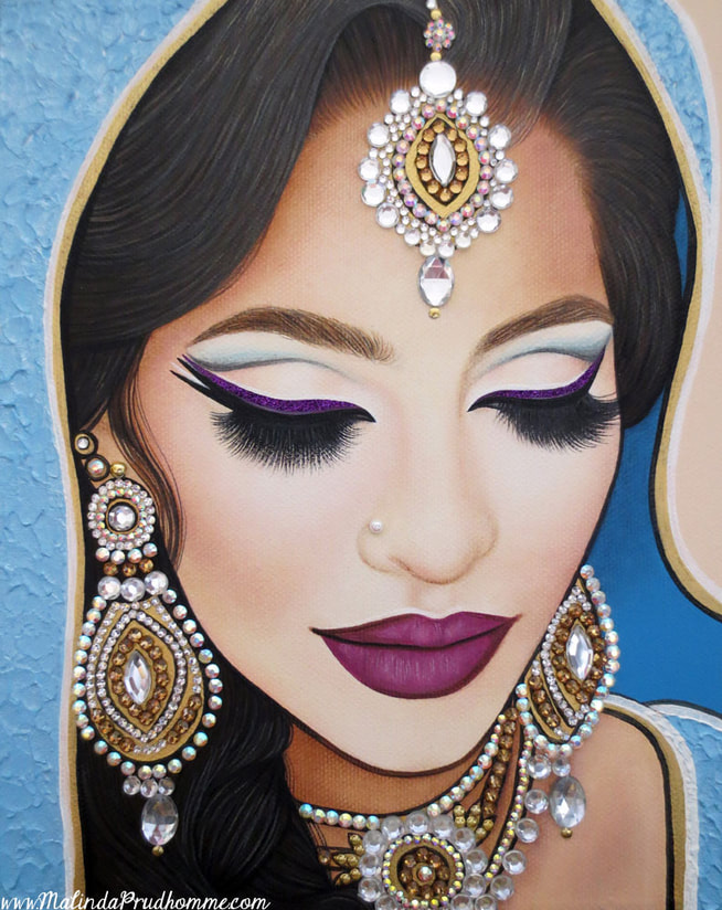Portrait art, Portrait, portrait painting, indian bride, sikh bride, east asian bride, blue bride, gems, art with gems, crystals, glitter, beauty art